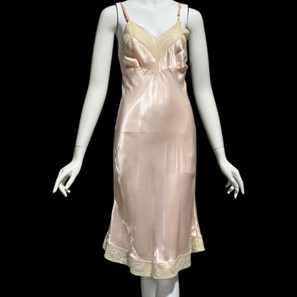 1930s Vintage Peach Slip Dress: Shiny silky Rayon Nightgown lingerie, Lace Trim