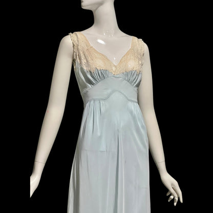TROUSSEAUX vintage 1940s nightgown slip dress, powder blue rayon lingerie dress, full length