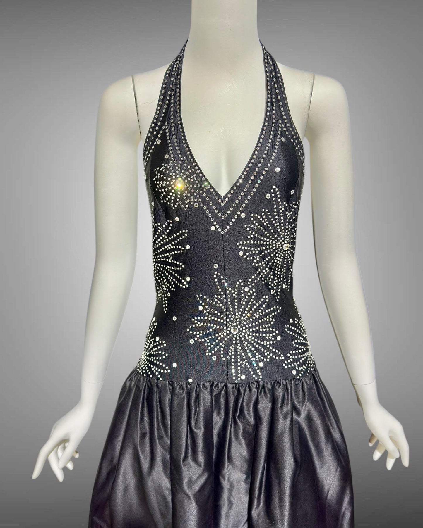 1980s vintage evening cocktail dress, stretchy black halter top with bubble mini skirt party dress