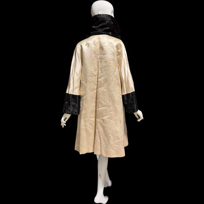 1950s Vintage evening swing coat, Reversible pearl and black shiny silk damask butterfly opera coat