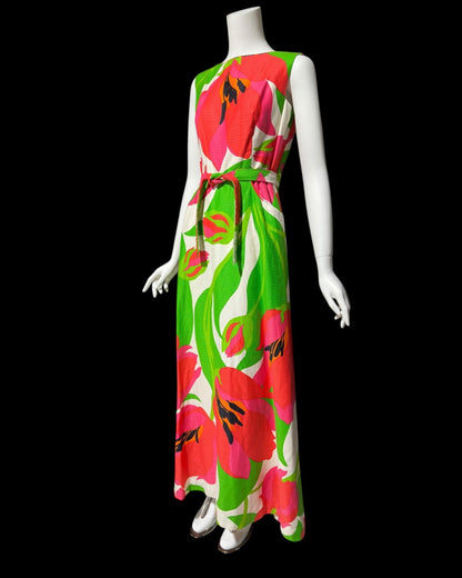 MALIA HONOLULU, vintage 1960s dress, Hawaiian wrap cotton maxi sundress, Hot Pink Green Summer Beach Party dress