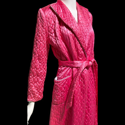 CHARLES L SHAW Vintage 1940s Housecoat Robe: Hot Pink Quilted Satin Dressing gown