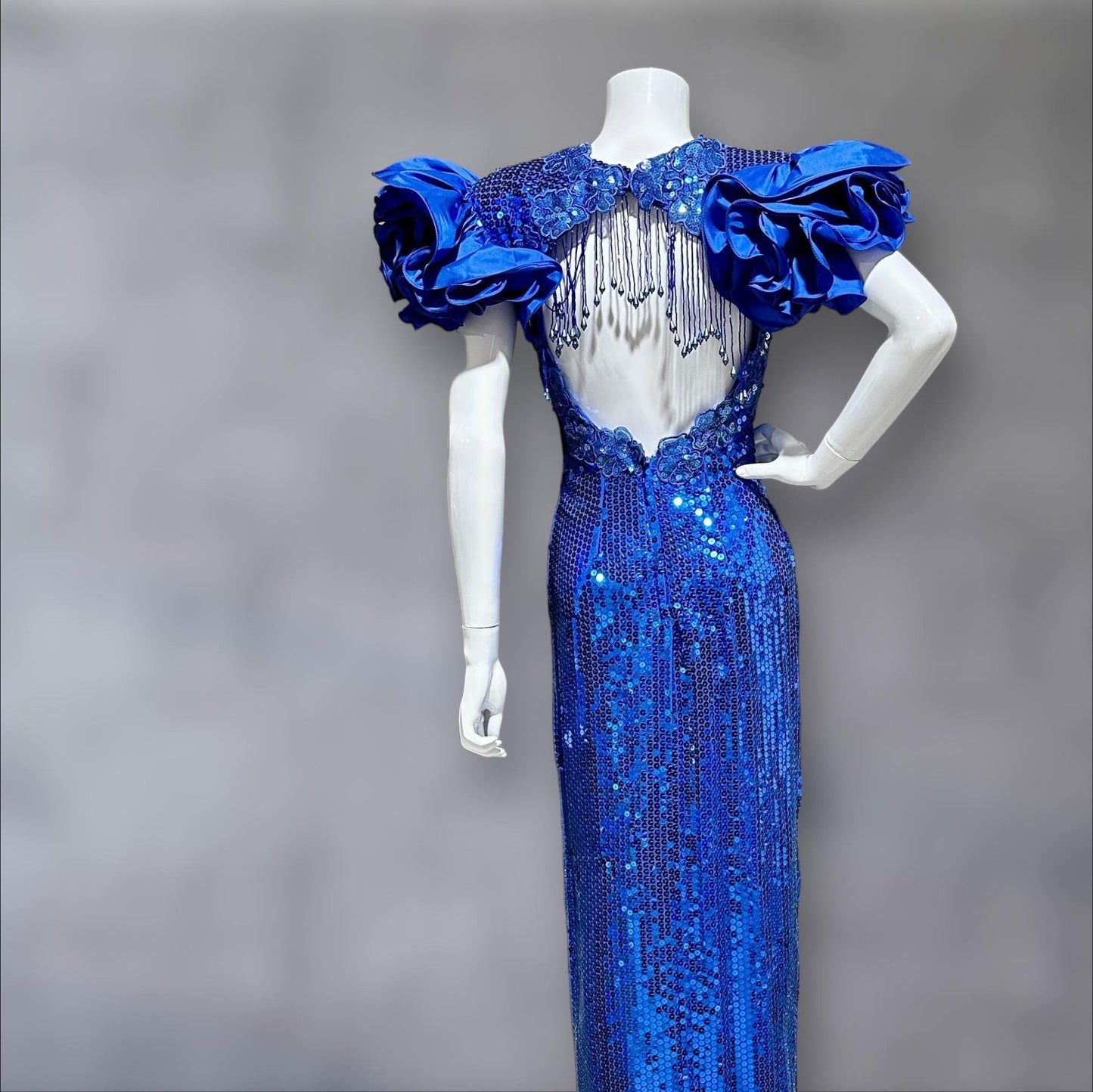 ALYCE DESIGNS 1980s vintage dynasty glam evening gown, Sapphire blue sequins sheath dress, ruffles open back