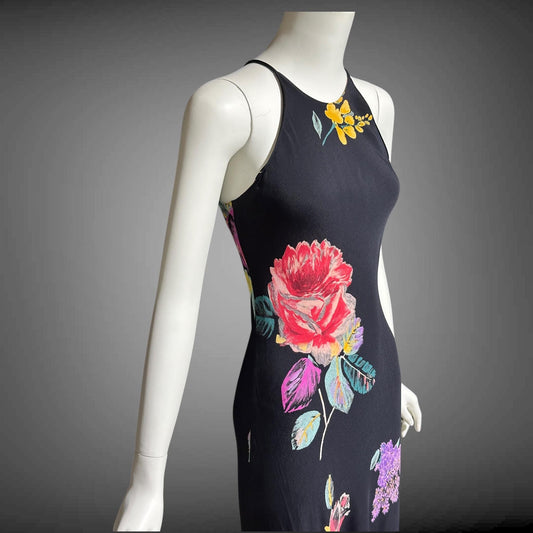 1990s vintage bias cut dress, Bodycon rose flower print evening sheath slip dress, maxi dress