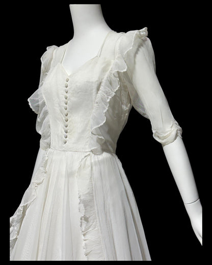 1940s vintage evening dress, White mesh ruffle wedding prom dress with full skirt