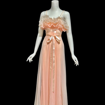 VANITY FAIR, vintage 1950s nightgown slip dress, peaches and cream sheer chiffon ruffles Grecian goddess gown