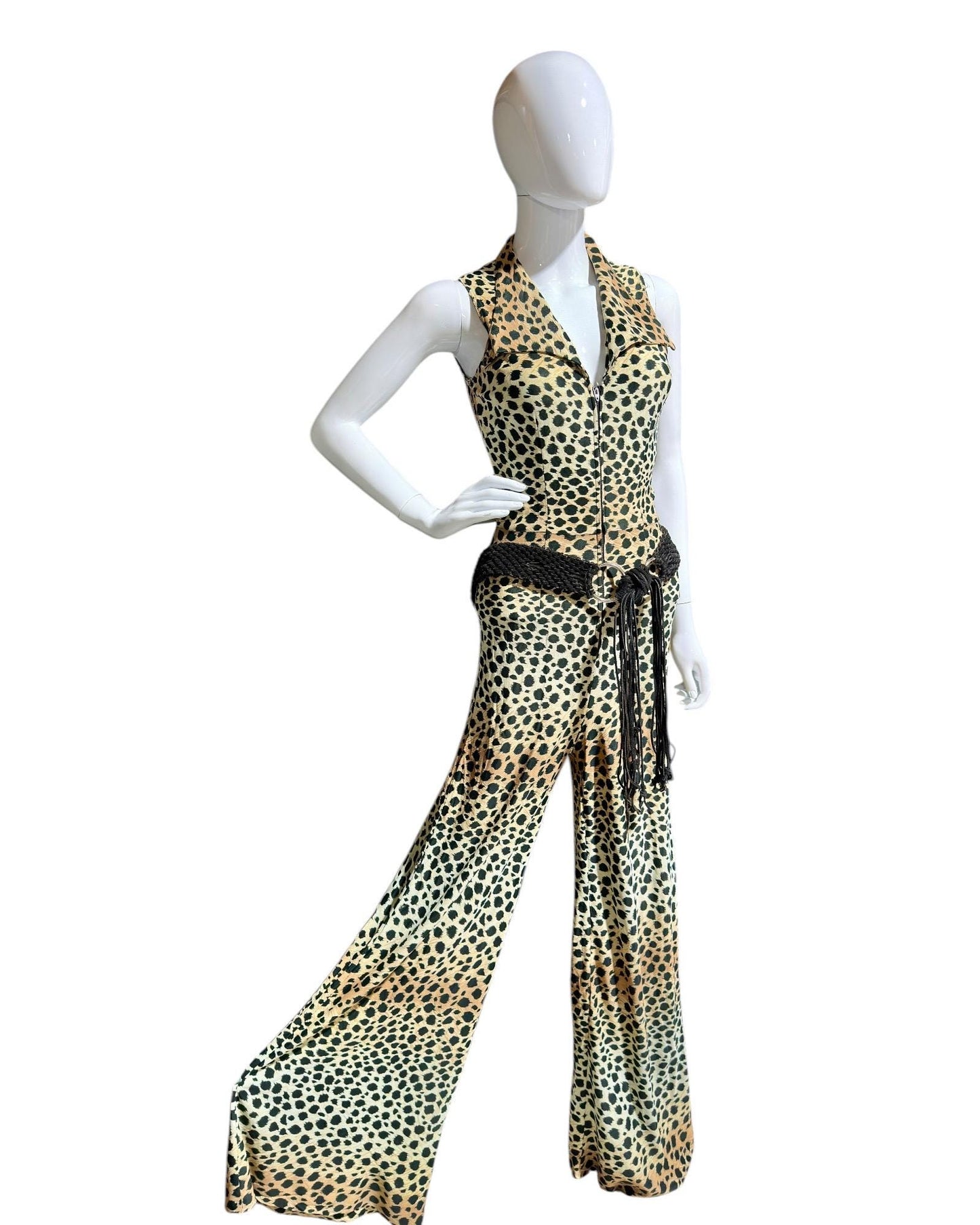 1970s vintage jumpsuit, Animal print BOND GIRL, bell bottom wide leg zip up jump suit