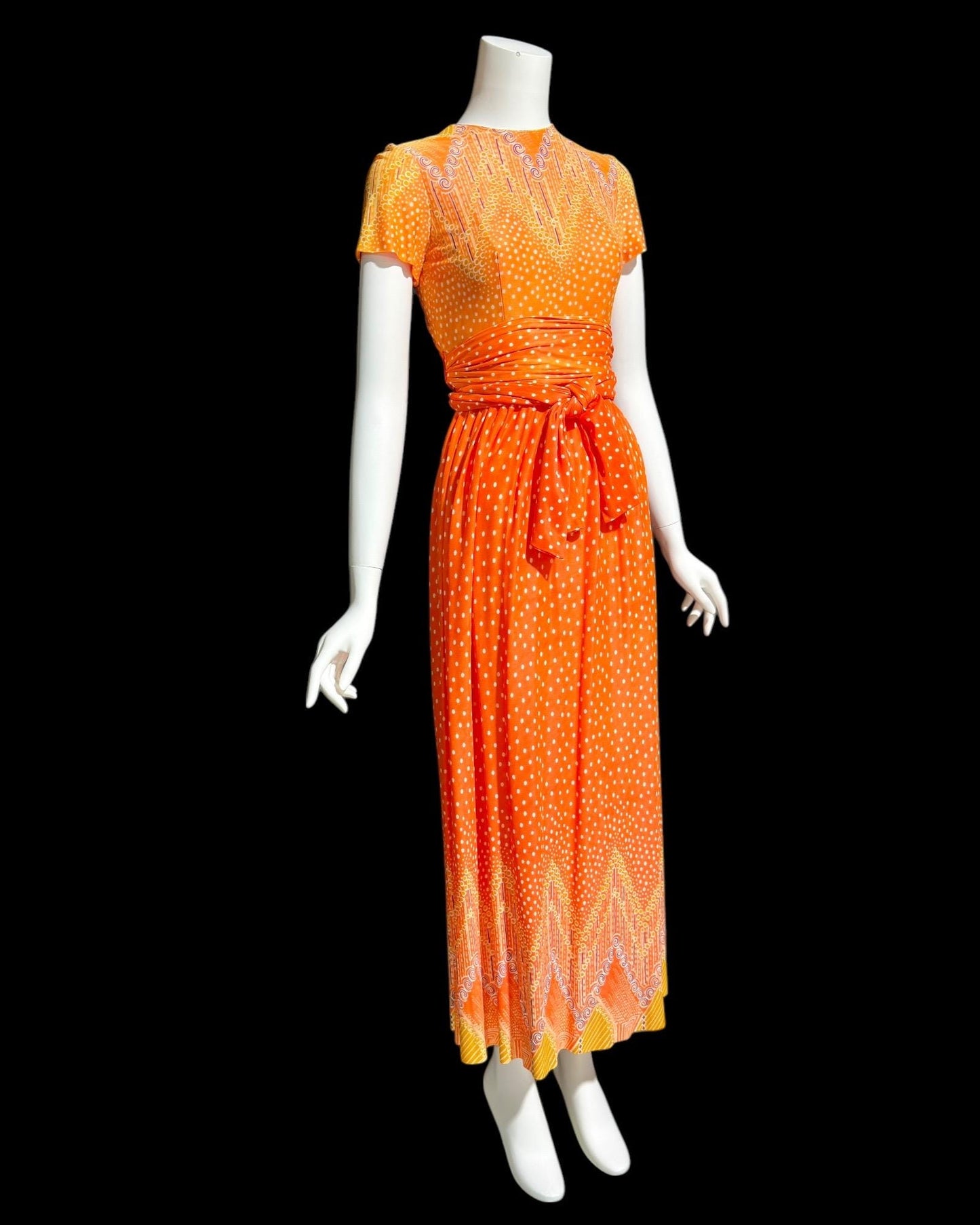 SARMI NY, Vintage 1960s Orange Op Art slinky knit maxi party dress