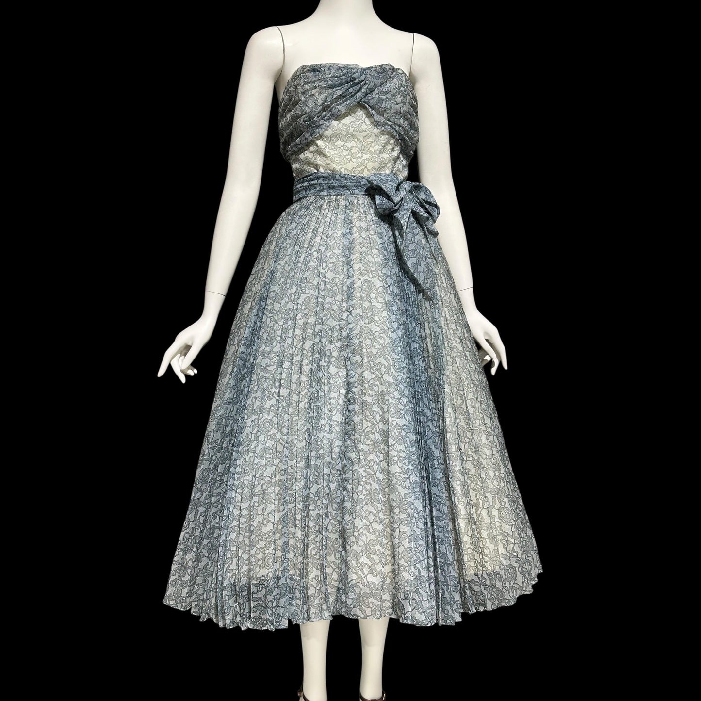 1950s vintage Pleated Party Dress: Slate Blue Grey floral strapless Cocktail Prom Dress