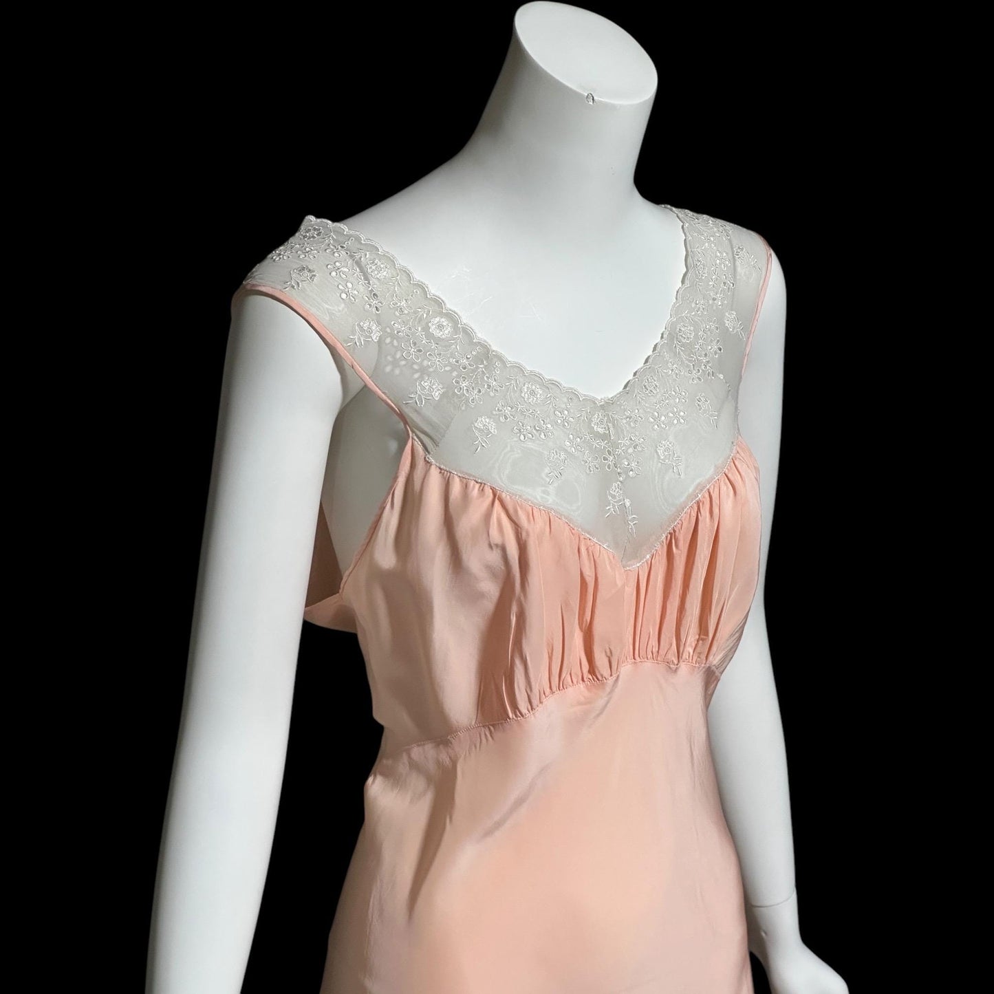 LAURA LANE, vintage 1940s nightgown slip dress, Shiny petal pink bias cut night dress, full length
