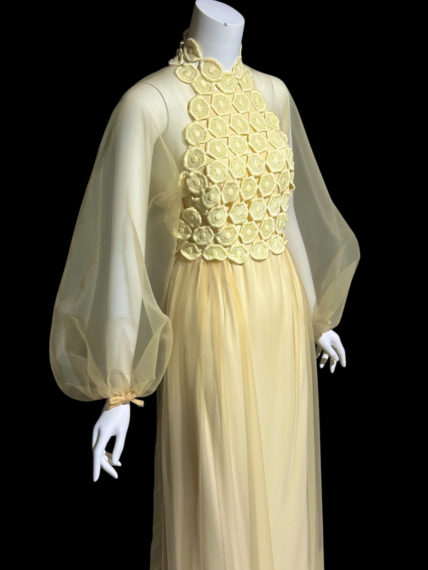 CYRELD PARIS, vintage 1970s chiffon evening dress, WERLE Beverly Hills, pale yellow sheer bishop sleeve dress