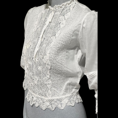 1910 Vintage Antique Edwardian Top, 1900s white batiste cotton and lace blouse