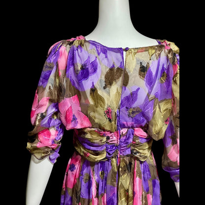 FRANK USHER LONDON, vintage 1980s evening dress, jewel tone floral chiffon with gold metallic
