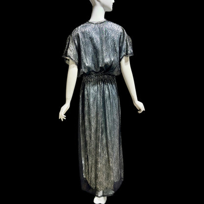 JUVENTA vintage 1930s dressing gown robe, sheer black lace with blue satin peignoir housecoat, Made in France