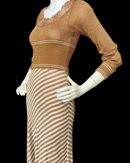 WENJILLI, vintage 1970s lurex maxi dress, Copper Metallic lurex Knit Maxi Dress Crochet Neckline