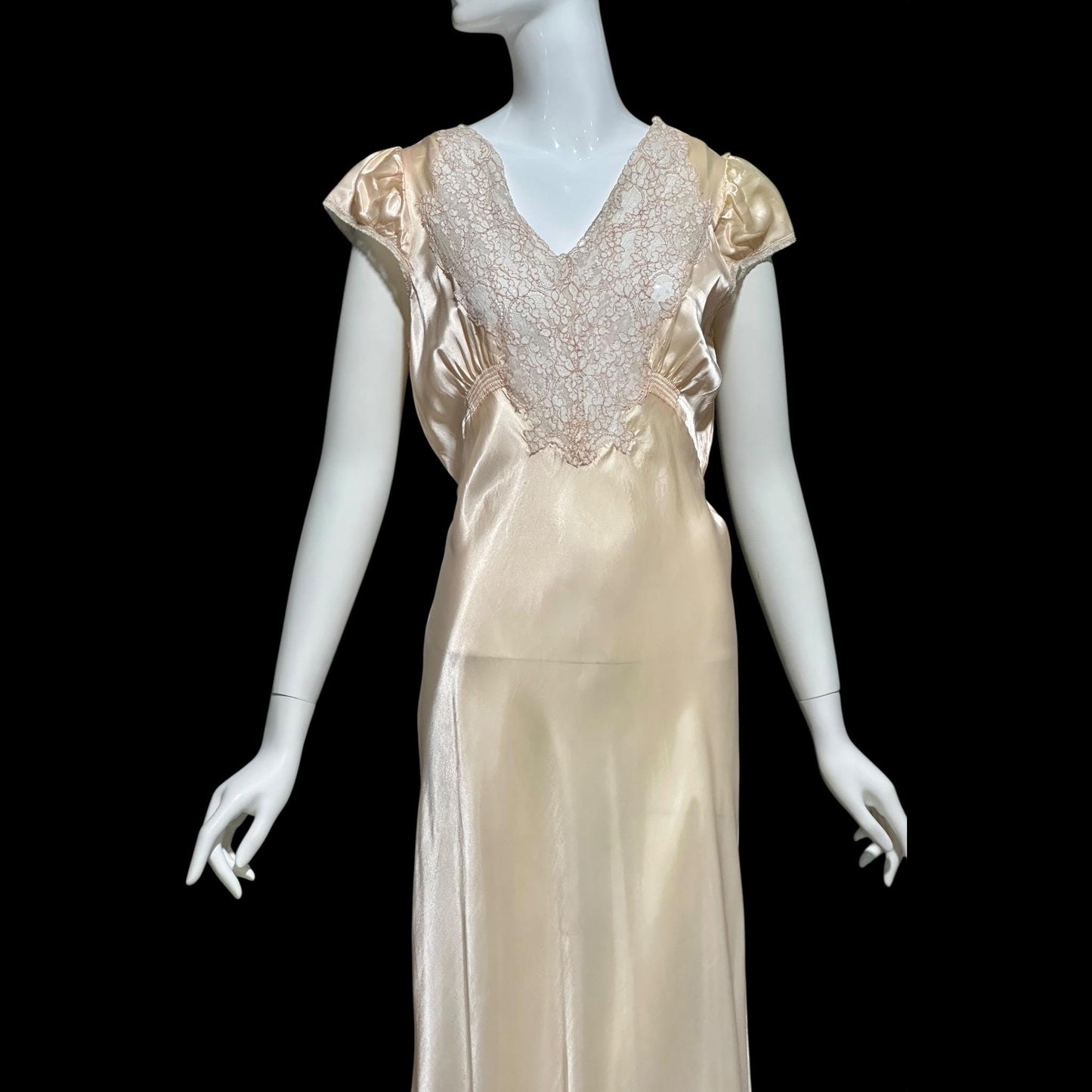 Femicraft vintage 1930s Rayon Slip Dress: Bias Cut Shiny Pale Peach Nightgown, Lace Trim