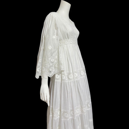 1970s Mexican Wedding dress, White batiste cotton embroidered empire ball gown