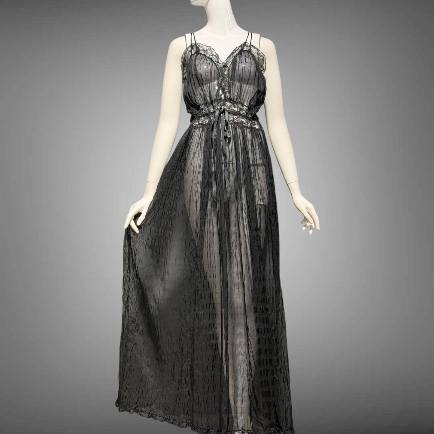 TULA vintage 1940s Nightgown slip dress, sultry black sheer waffled nylon lingerie dress, large