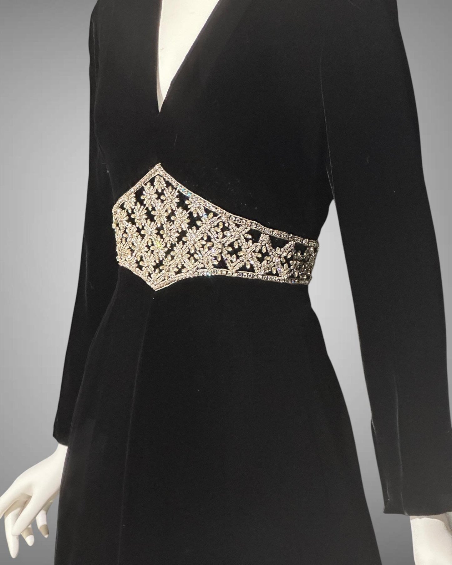 MOLLIE PARNIS for SAKS black velvet cocktail dress, 1960s Rhinestone encrusted waist