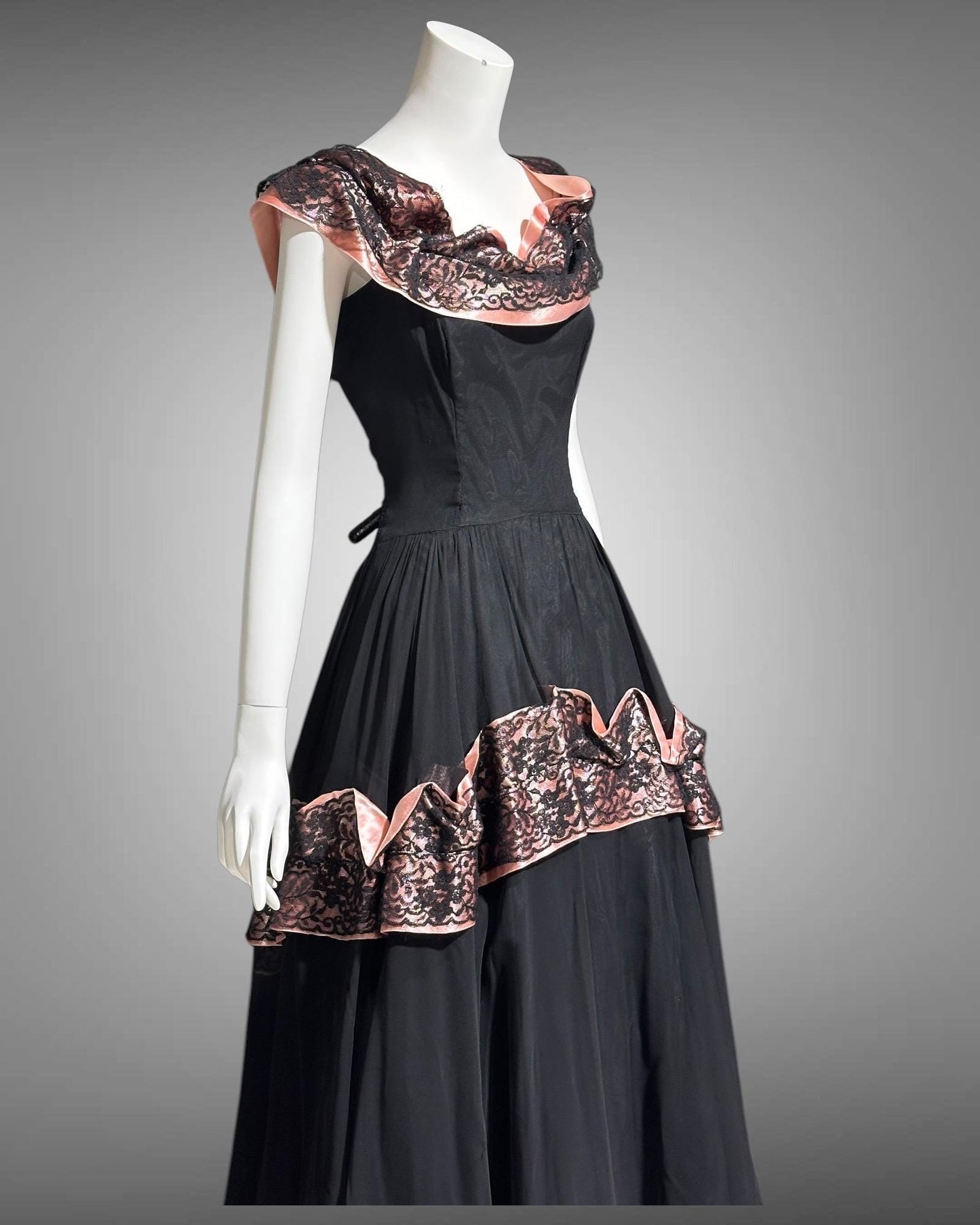 1940s vintage evening dress gown, Black mesh and pink Satin ball gown