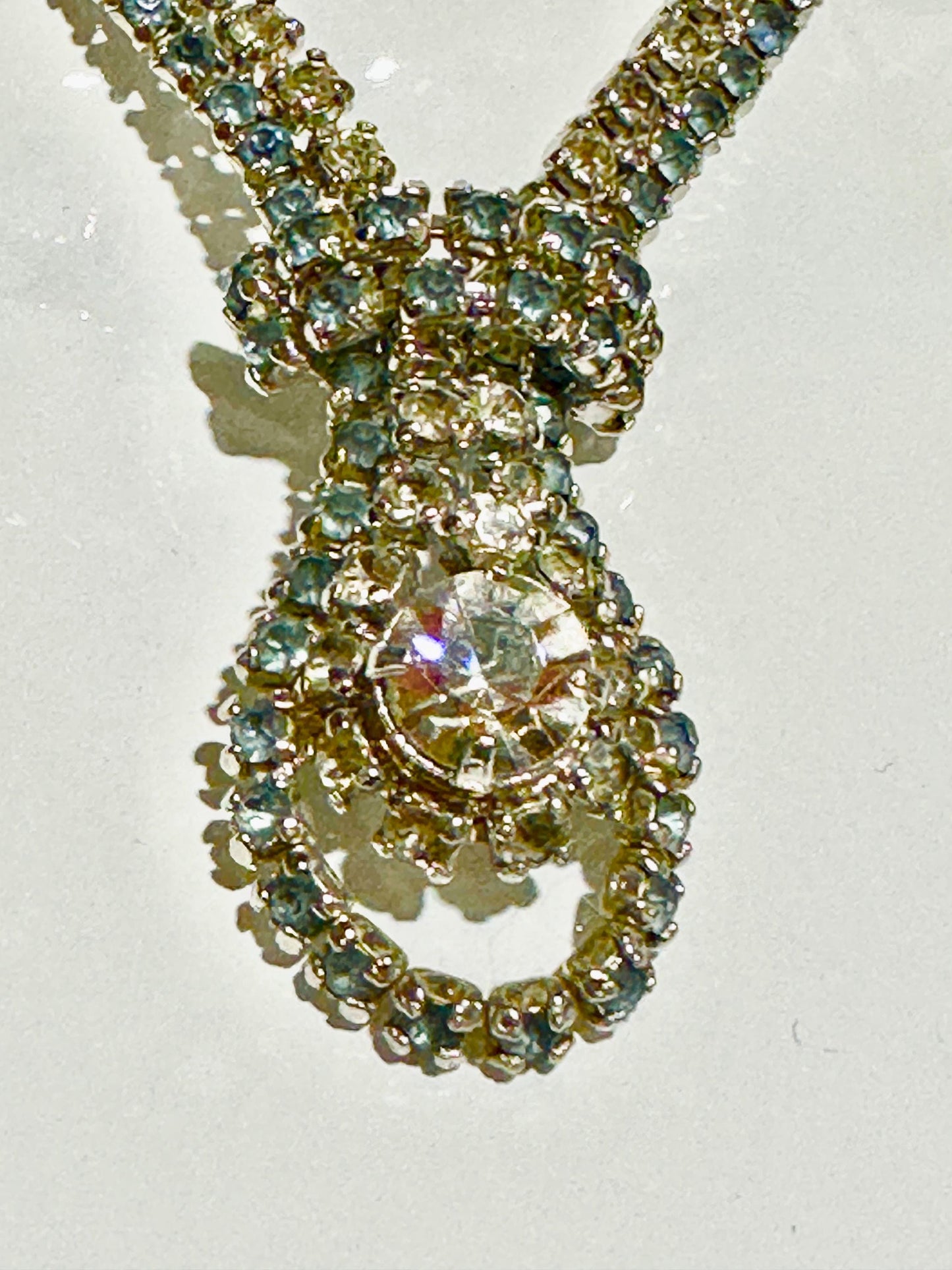 1950s vintage rhinestone necklace, clear crystal and blue rhinestone drop necklace