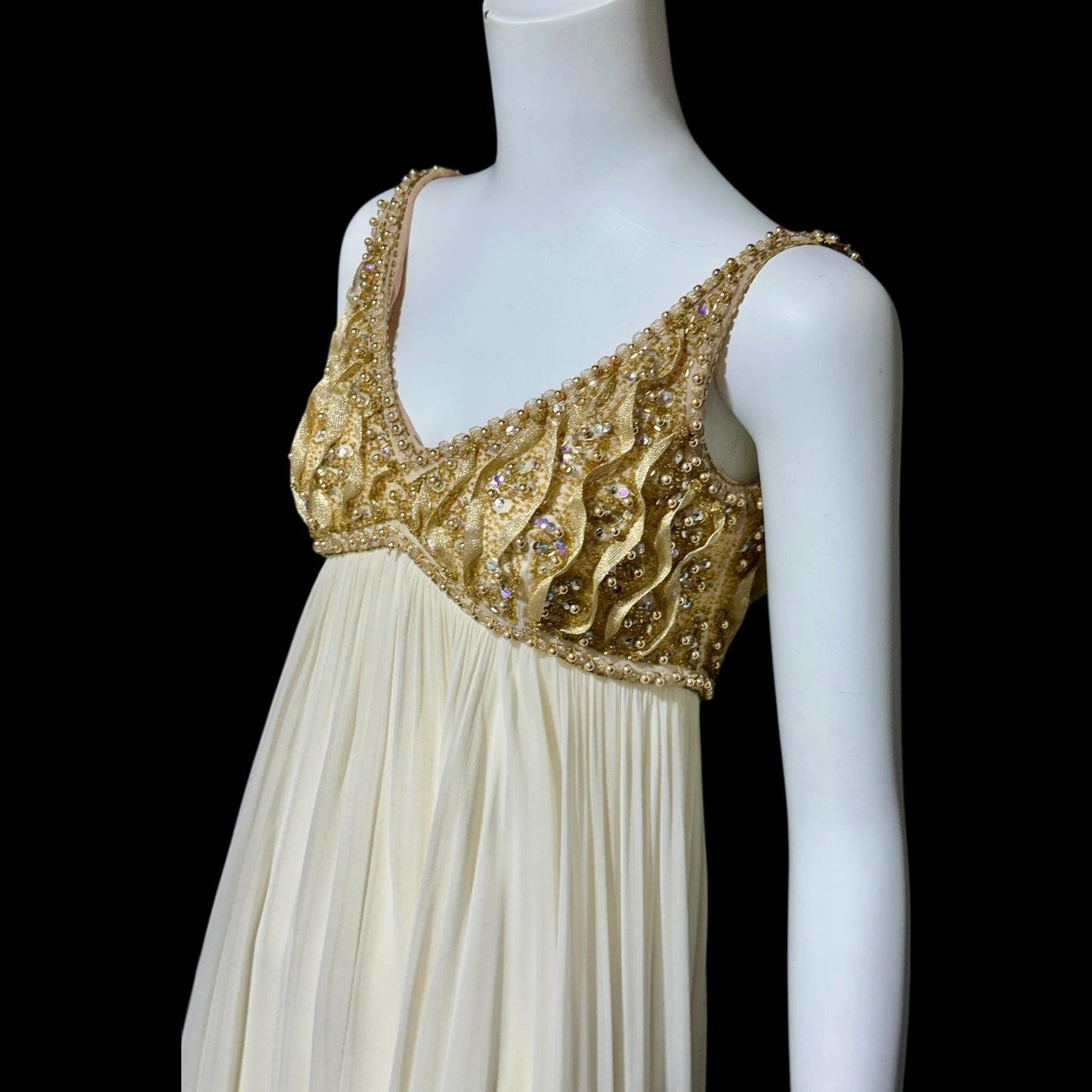 TOWN & COUNTRY vintage 1960s evening dress, white chiffon gold beads sequins wedding bridal gown