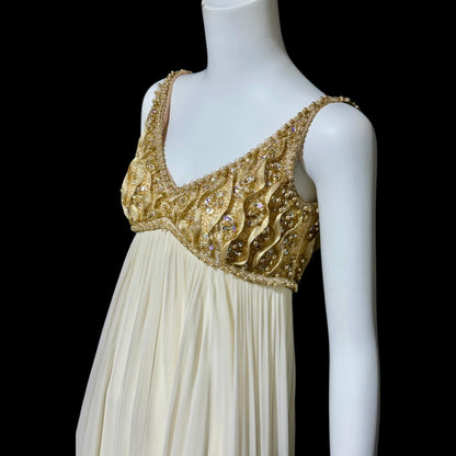 TOWN & COUNTRY vintage 1960s evening dress, white chiffon gold beads sequins wedding bridal gown