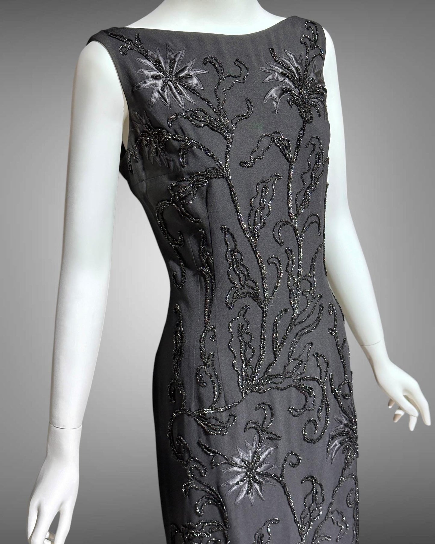 SI SI MIAMI, 1960s black sheath evening gown, wiggle bodycon dress