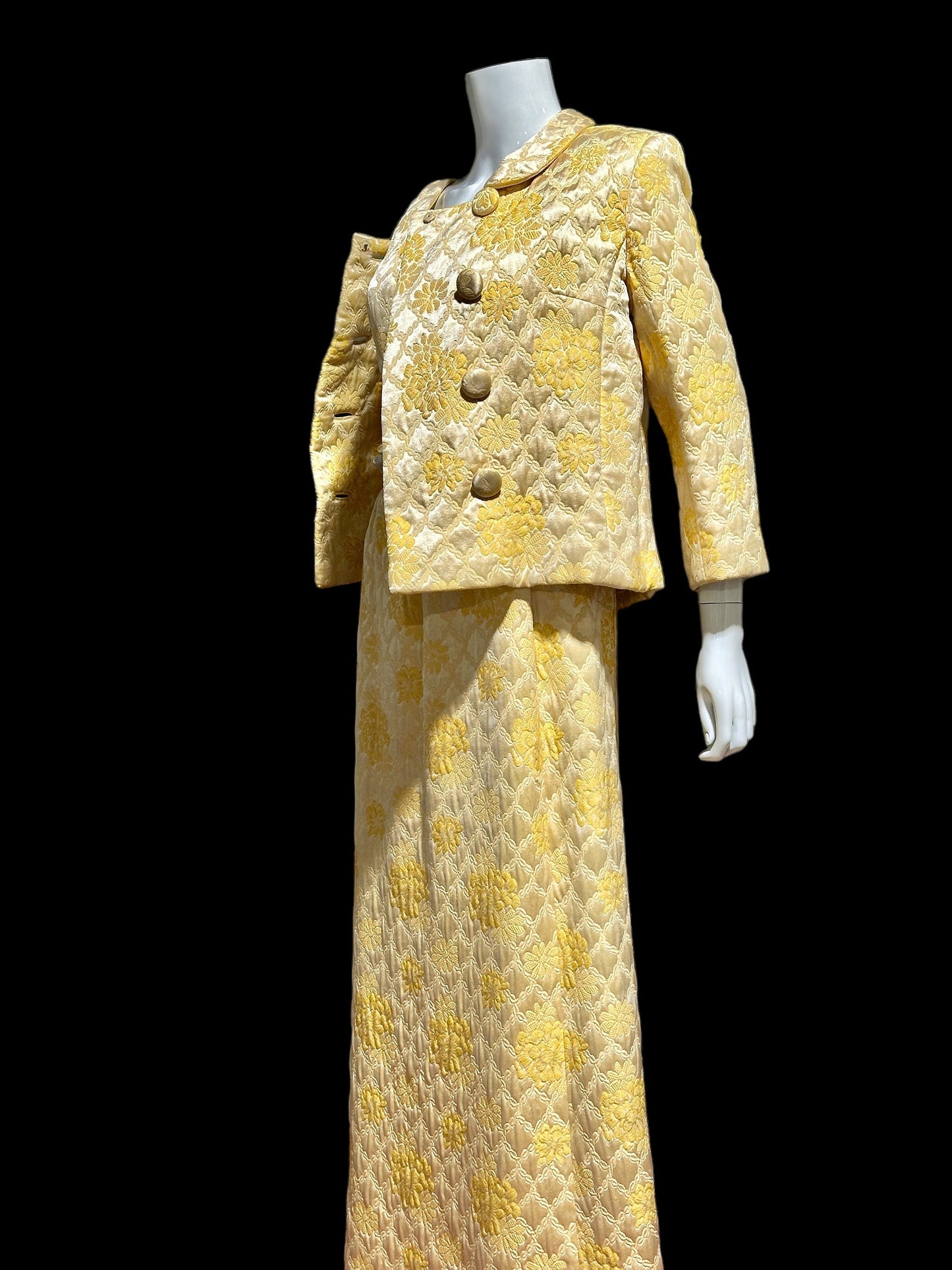 MOLLIE PARNIS Nan Duskin 1960s vintage evening dress, gold floral silk damask 2 pc gown and matching coat ensemble