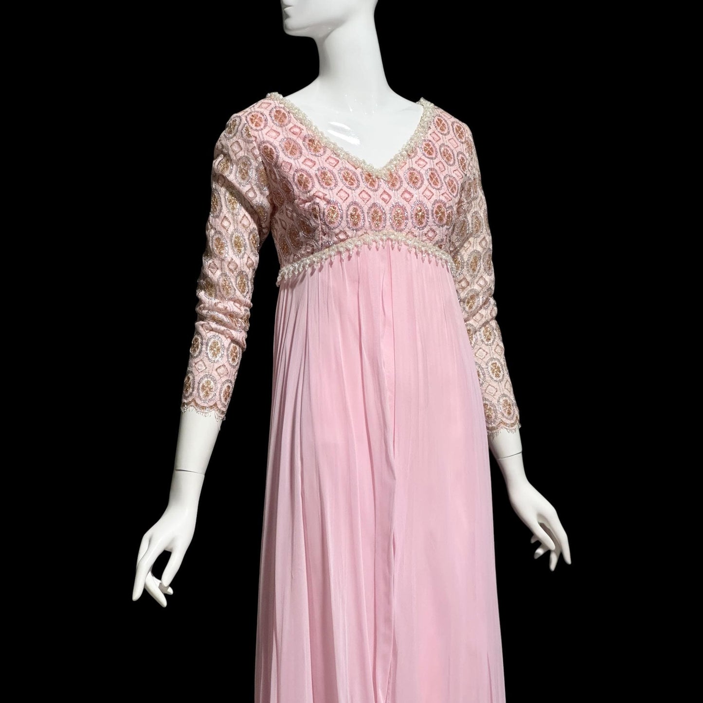 1960s Vintage evening dress, pink Bridgerton silk chiffon empire waist beaded lace formal scarf gown