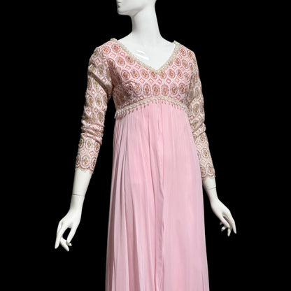 1960s Vintage evening dress, pink Bridgerton silk chiffon empire waist beaded lace formal scarf gown