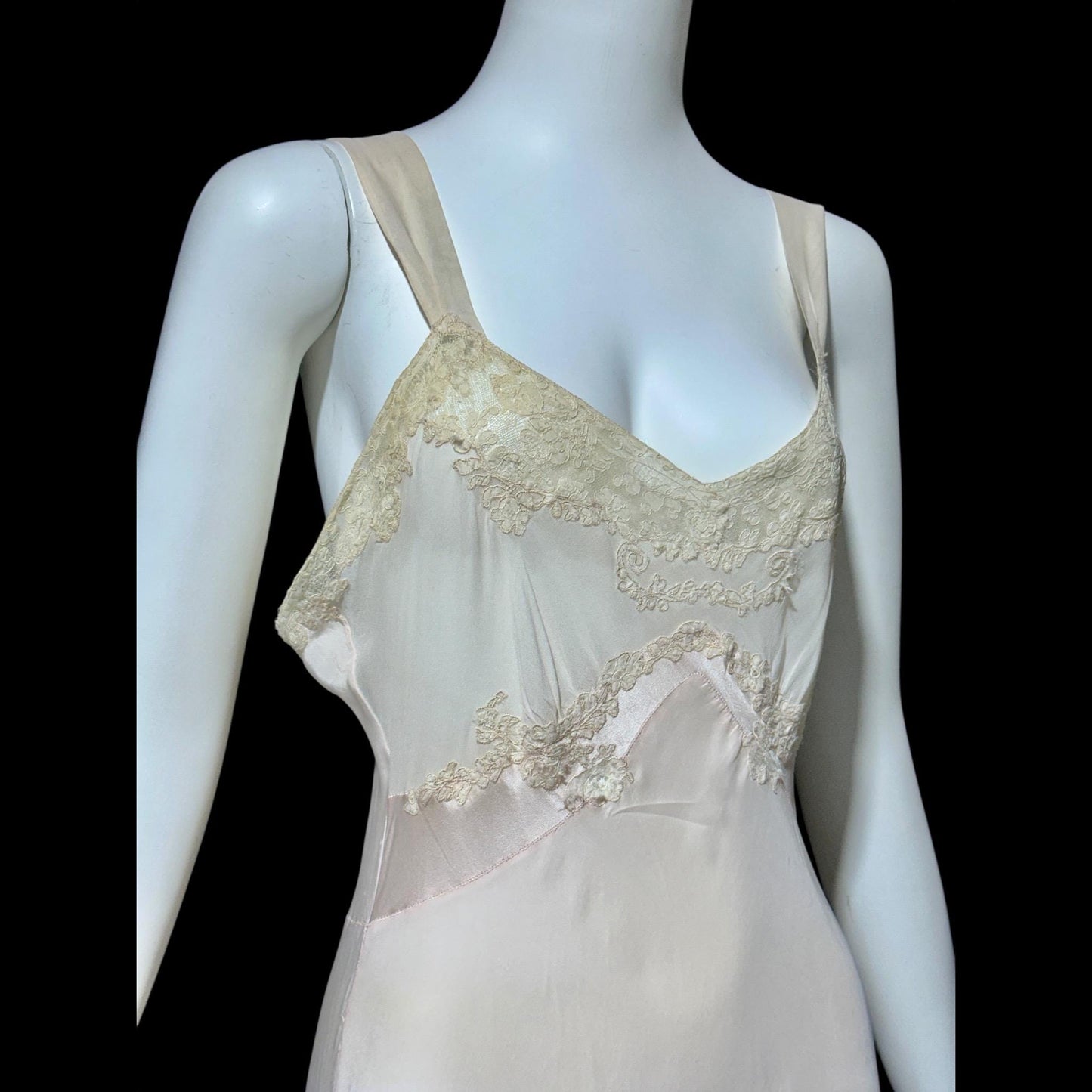 1930s Rayon & Silk Slip Dress: Vintage Bias Cut Pale Pink Nightgown, Lace Trim