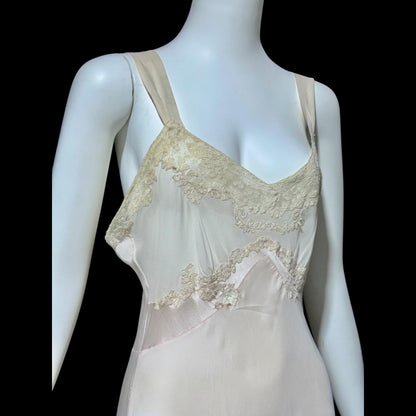 1930s Rayon & Silk Slip Dress: Vintage Bias Cut Pale Pink Nightgown, Lace Trim