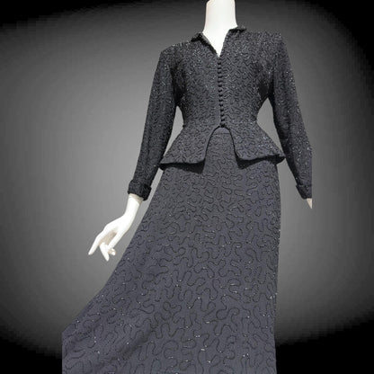 CEIL CHAPMAN vintage 1940s Beaded Evening Suit, Black crepe Cocktail Skirt and Jacket set
