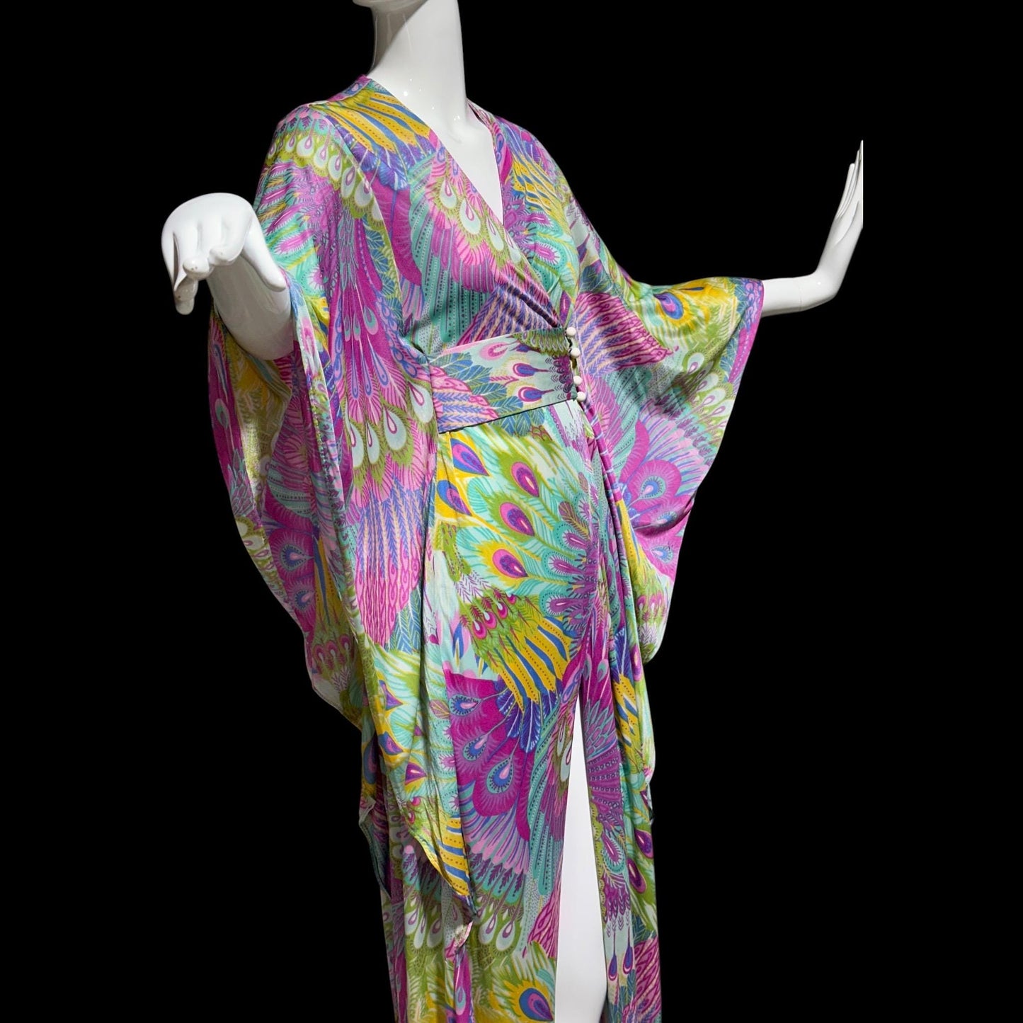FREDERICK'S of HOLLYWOOD vintage 1970s caftan dress, psychedelic nylon Op Art kaftan House Dress