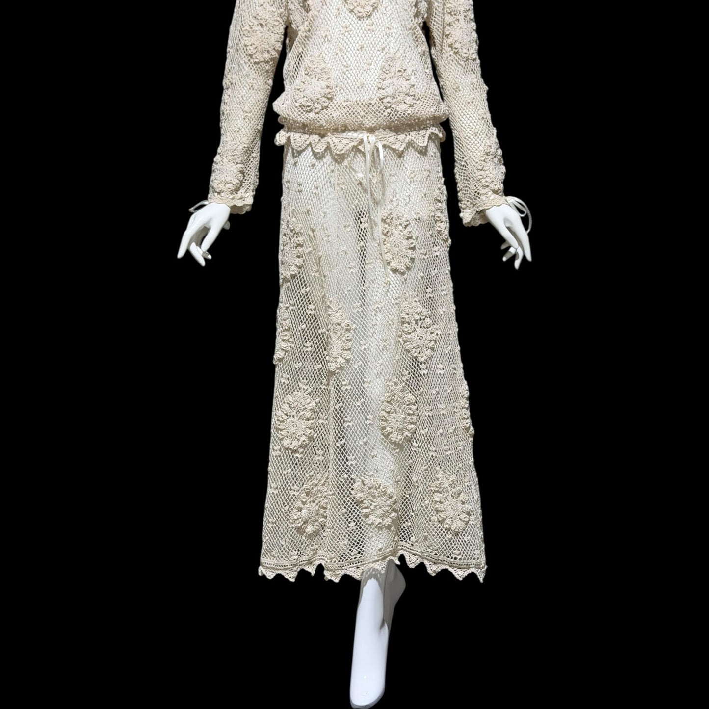 1970s vintage crochet dress, 2 pieces, Cotton blouson top & maxi skirt