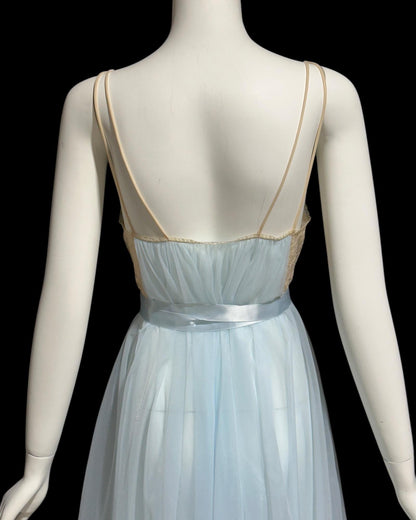 VANITY FAIR vintage 1950s nightgown, Powder Blue Nylon Lace House Dress Grecian Goddess