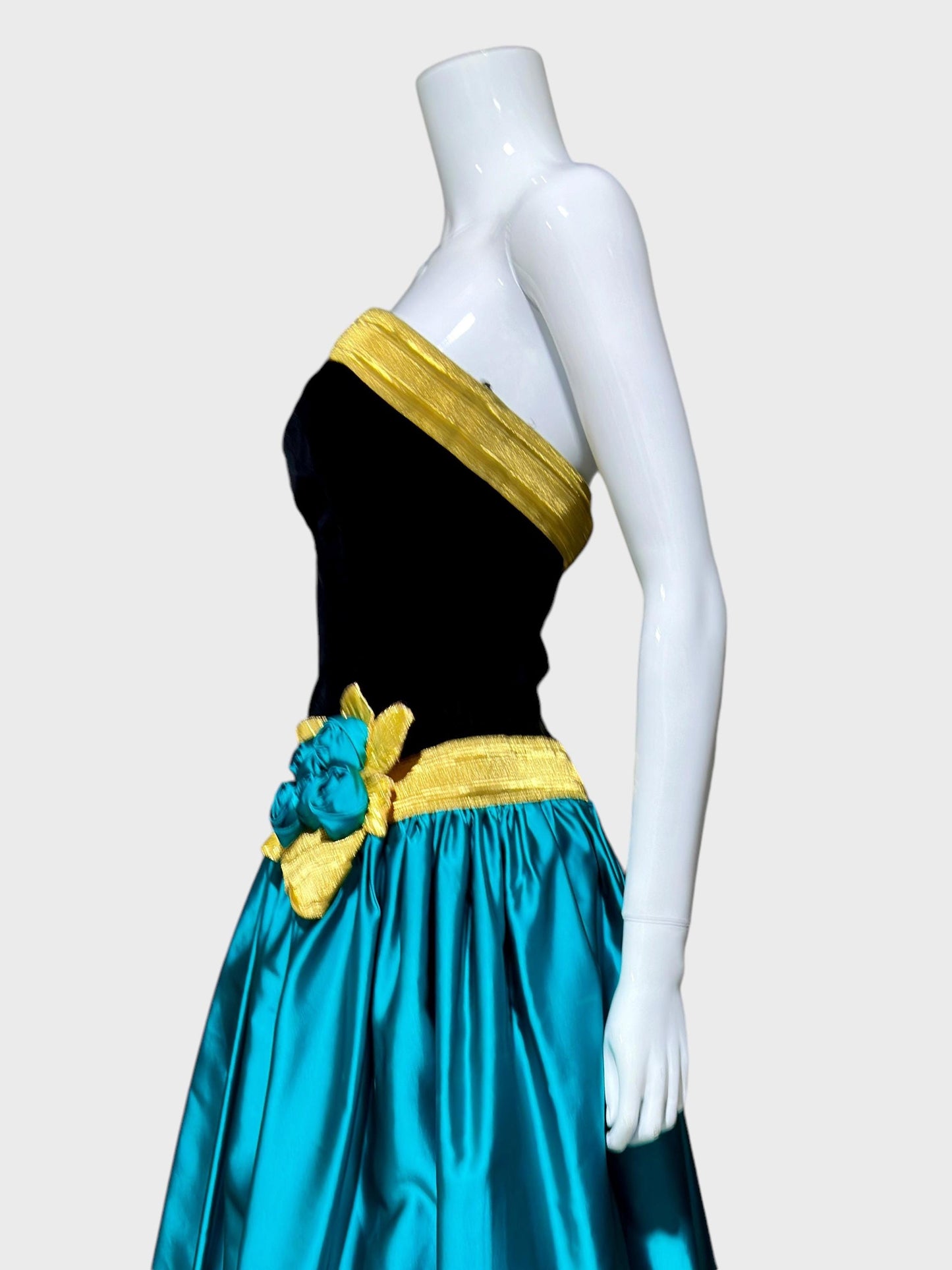 EUGENE ALEXANDER for Neiman Marcus, 1980s evening dress, black & teal rosette ball gown