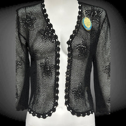 1950s vintage crochet cardigan, black 100% cotton Hand Made Shanghai cropped sweater