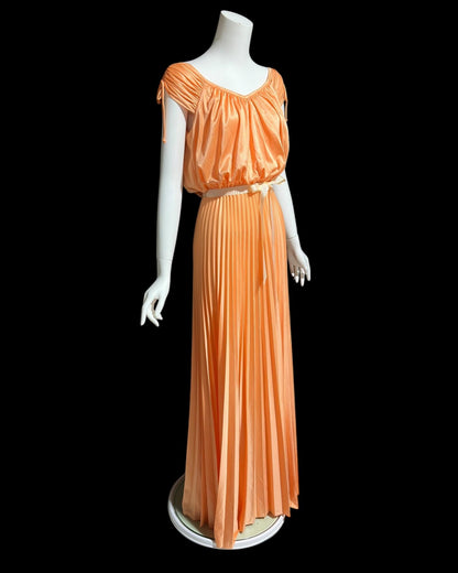 1970s vintage evening dress, peach blouson pleated jersey knit goddess gown