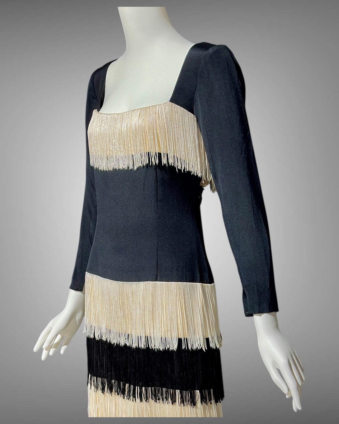 TRAVILLA vintage evening cocktail dress, 1960s black white fringed mod party dress