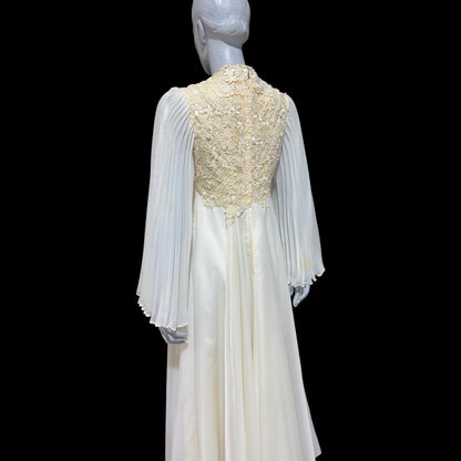1970s vintage Wedding dress gown, White pleated bell sleeve gown, Hippie Bohemian dress
