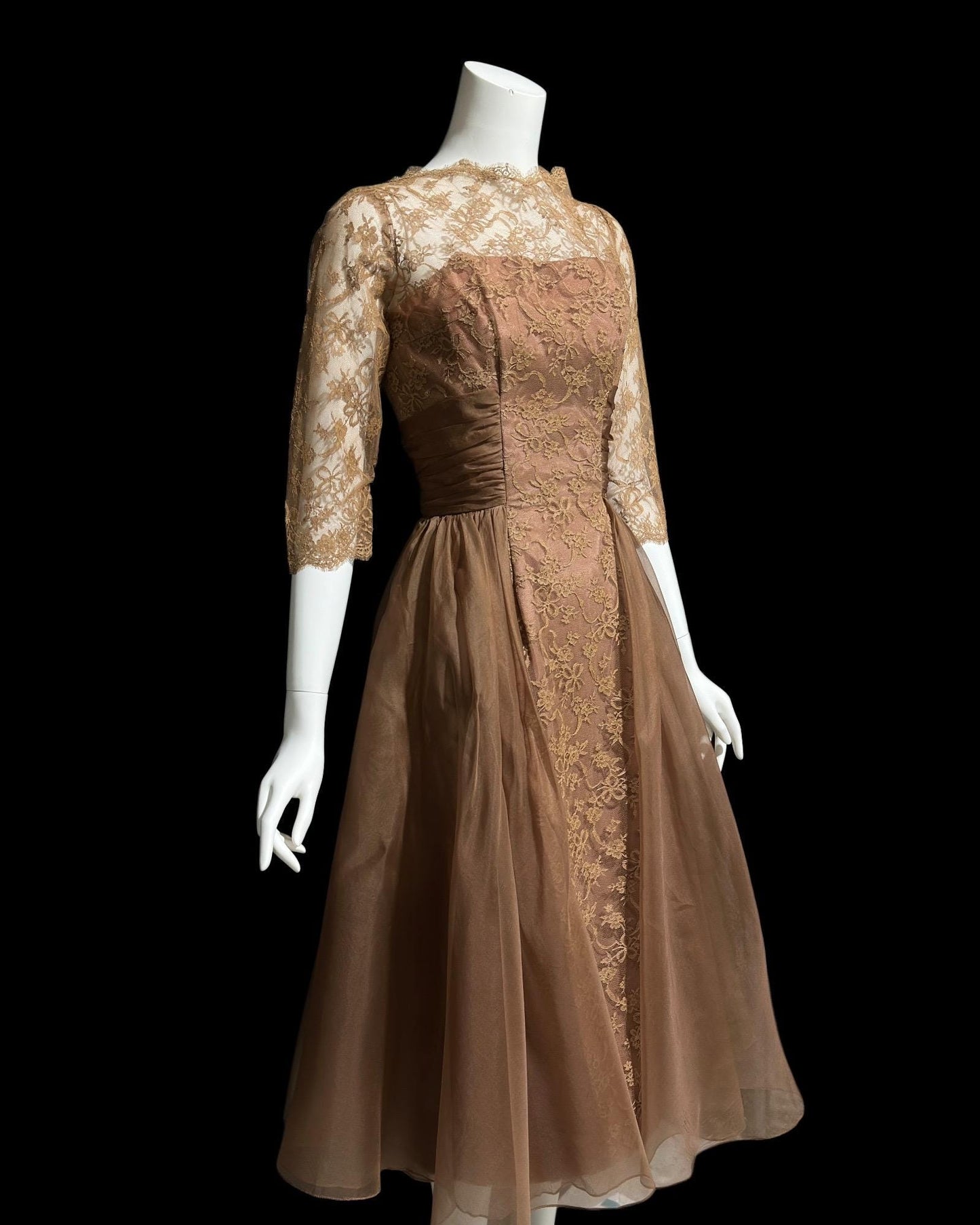 CLIFTON WILHITE vintage 1950s dress, Mocha Mousse lace organza evening cocktail party dress