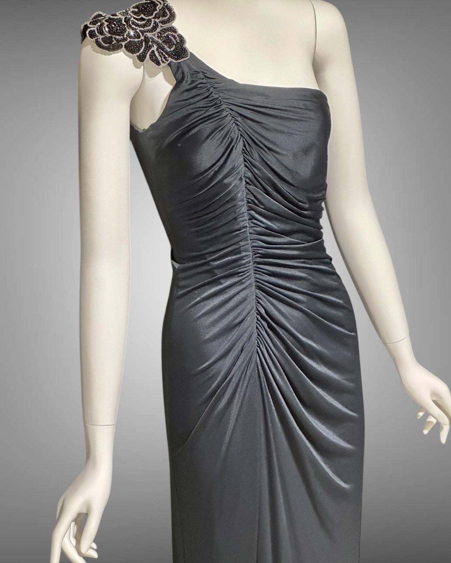 EUGENE ALEXANDER 1980s vintage Slinky Black sheath evening dress, One Shoulder Grecian Goddess gown