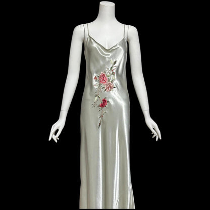 BONNIE STRAUSS, vintage 1990s slip dress, shiny satin bias cut sheath embroidered gown, 1940s style gown