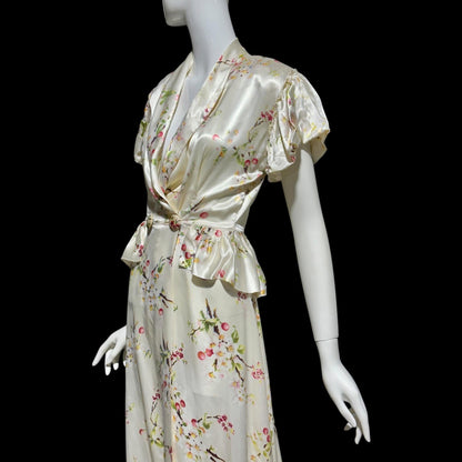 MISS ELAINE vintage 1940s Dressing Gown Robe, Shiny Satin floral Wrap Housecoat Lingerie Dress