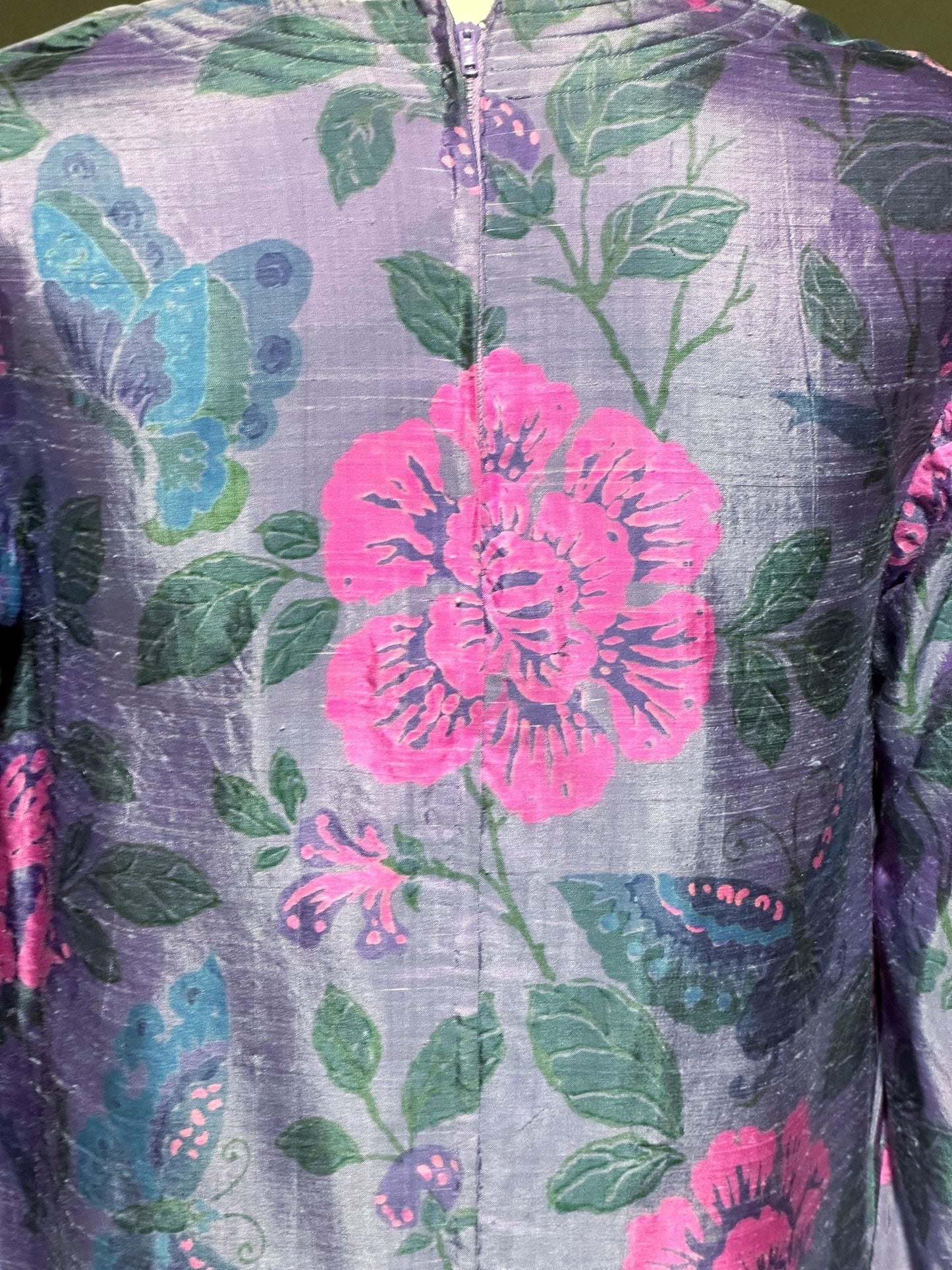 JIM THOMPSON, vintage 1960s Thai Silk caftan maxi dress, dusty blue flowers butterflies Hippie Boho Kaftan