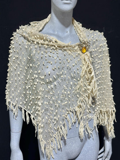 Victorian Edwardian fringed shawl scarf, Creamy White net and yarn Bridal Wrap