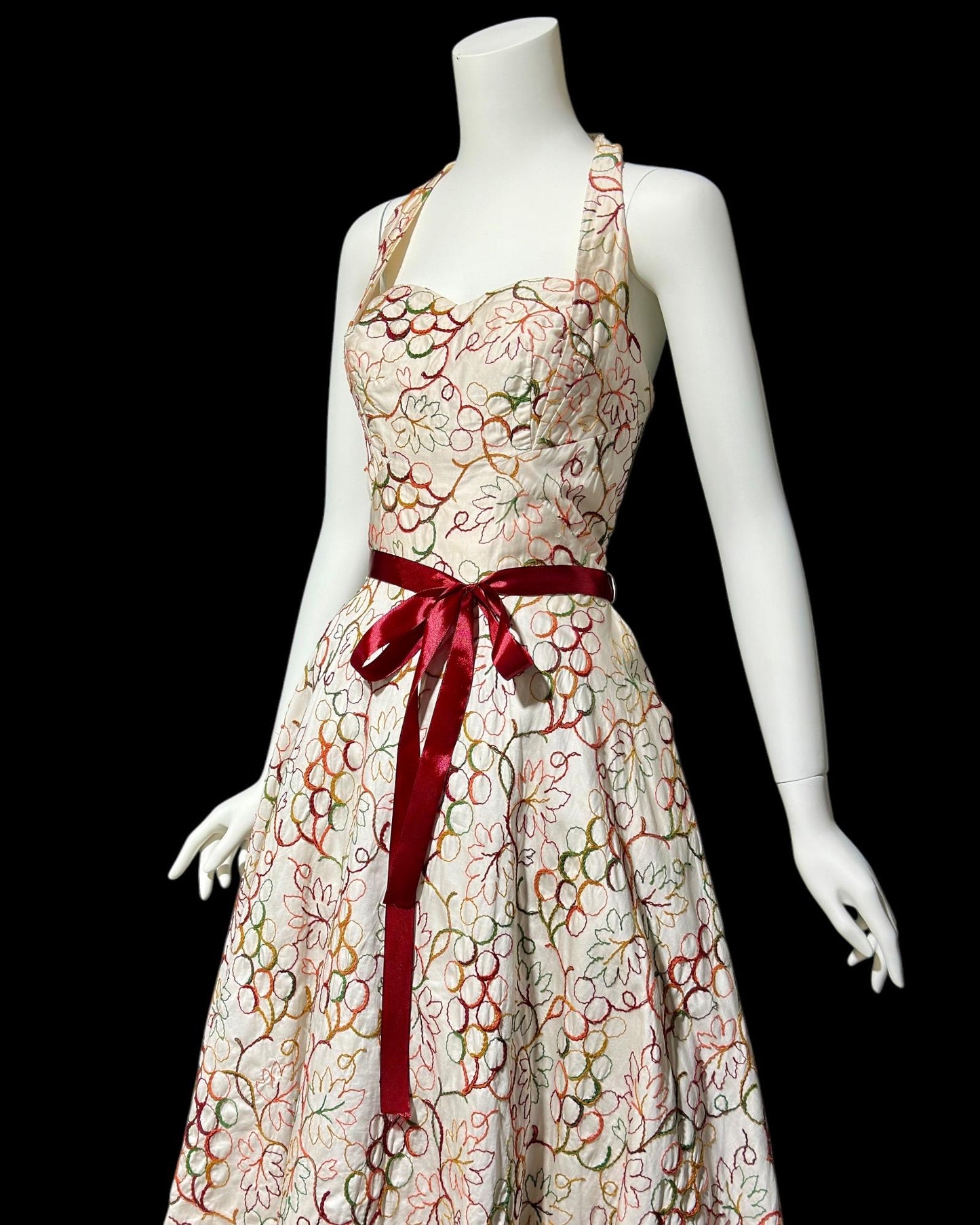 ALIX OF MIAMI, vintage 1950s Halter Sundress, cotton pinup dress with embroidery