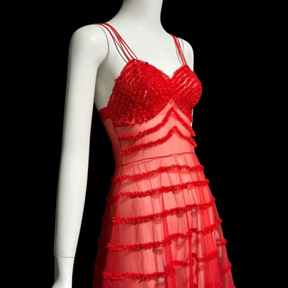 1950s vintage nightgown slip dress, sheer nylon lipstick red ruffled twirling night dress